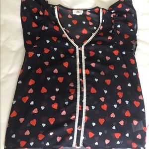 Heart Print Navy Blouse - Size XS
